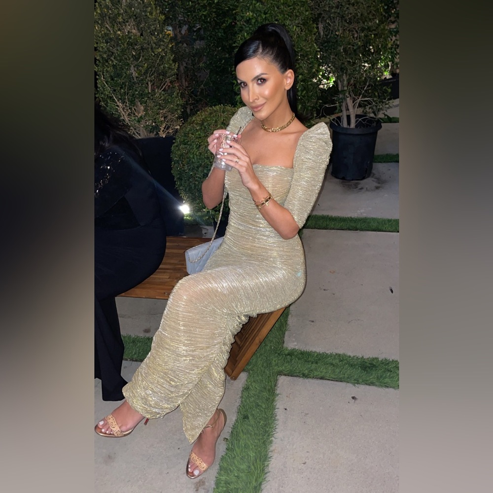 Gold Ruched Chiffon Long Maxi Dress